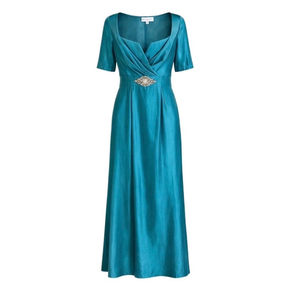 Badgley Mischka Teal Satin Formal Gown Sz 2 Jeweled Waist